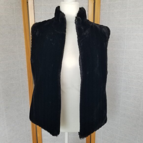 1980s Express Black Faux Mink Vest Zip Up Reversible to Satin Size Medium - Picture 2 of 14